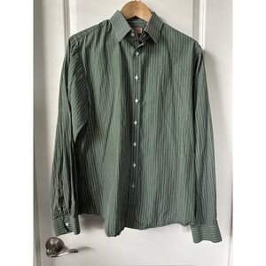 Thomas Pink Shirt Mens 16.5 Green Striped Super Slim Fit Long Sleeve Button Up